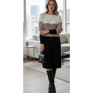 Tommy Hilfiger Size L Chunky Cable Knit Colorblock Sweater Dress Quiet Luxury